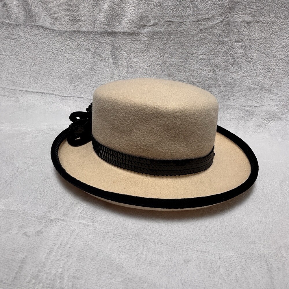 Vintage Top This Inc Ivory Wool Boater Hat Black Trim Sequin Band Made in USA